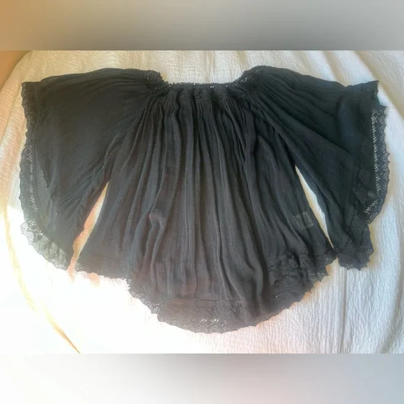 Ralph Lauren Denim & Supply Black off shoulder gauze lace Top w/ bell sleeves - Picture 12 of 16